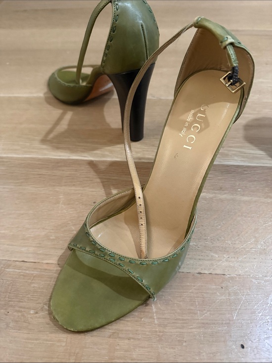 Gucci Shoes - Gucci Olive Green Leather T-Strap High Heel Sandals